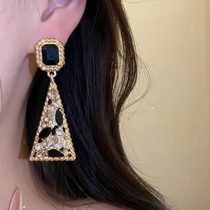 Vintage style triangle drop earrings with black and clear rhinestones for women's luxury jewelry.