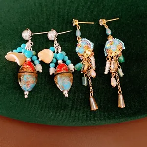 Vintage Ethnic Style Tassel Stud Earrings With Glass Beads Rhinestone Copper Electroplated Drop Earrings For Women Jewelry Gift