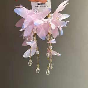 Elegant pink fabric flower earrings with pearls and crystal tassel drops