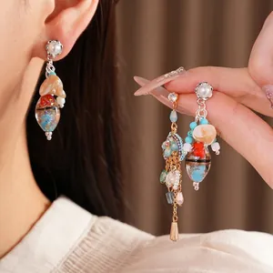 Bohemian ethnic style glass tassel drop earrings with zircon and pearls for women