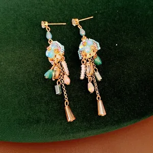 Vintage ethnic style tassel earrings with zircon and colorful glass beads