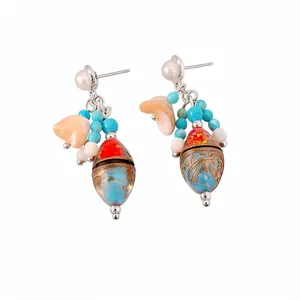 Ethnic retro silver needle tassel stud earrings with colorful beads and pearls