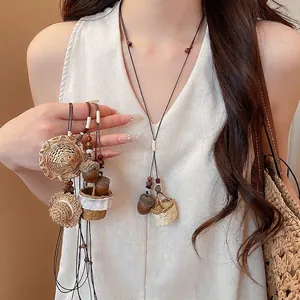 New Chinese Style Rattan Woven Acorn Pendant Necklace Ethnic Handmade Literary Retro Wood Bead Leather Cord Chain Necklace For Women