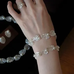 Conjunto de Joyería de Collar y Pulsera de Perlas Artificiales de Concha Vintage Francés para Mujer Estilo Vacaciones