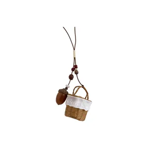 Handmade ethnic style necklace with woven basket and wooden acorn pendant charms