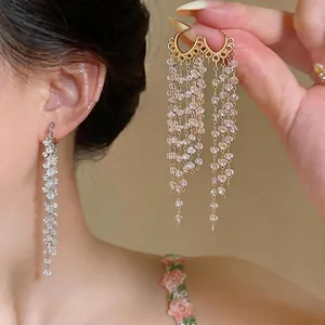 Exaggerated European Design Rhinestone Tassel Pendant Earrings Vintage Light Luxury 925 Sterling Silver Post Drop Earrings Women Jewelry