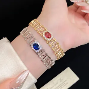 Vintage Hollow Oval Zirconia Copper Bracelet Luxurious Inlaid Inlaid Bangle For Women Elegant Party Jewelry Adjust Jewelry