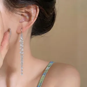 Close-up detail of elegant long rhinestone tassel drop earrings worn by a female model