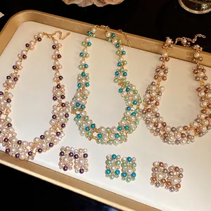 Collier et Boucles d'Oreilles en Perles Artificielles et Strass Style Palais Vintage pour Femme Collection de Bijoux de Luxe