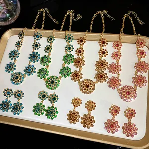 Retro court style rhinestone necklace and earrings jewelry set in multiple colors