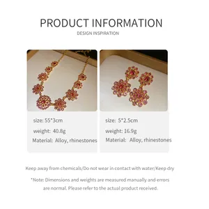Vintage style pink rhinestone necklace and earring set details with size and material info