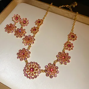Detailed macro view of retro palace style pink crystal necklace and earring set