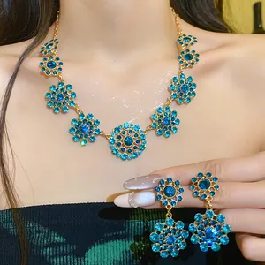Exquisite blue rhinestone flower necklace and matching earring jewelry set for women