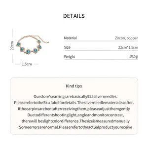 Specifiche dettagliate di materiali e dimensioni del bracciale in zircone placcato oro 18k.