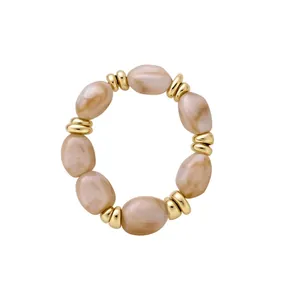 Pulsera elástica de acrílico geométrica irregular con cuentas jaspeadas y doradas