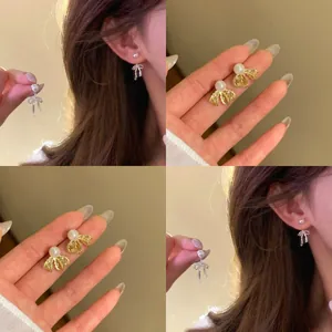 Bowknot Stud Earrings With Artificial Pearl Rhinestone 18K Gold Plated Silver Earring Post Elegant Jewelry For Women