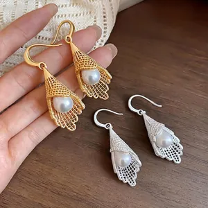 Elegant French style hollow lace mesh pendant earrings with white pearls in gold and silver
