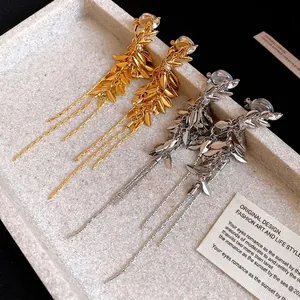 Elegant gold and silver wheat ear tassel clip earrings with sparkling zircon accents