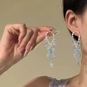 Rhinestone Flower Stud Earrings With Long Stone Tassel Fresh Sweet Vacation Style Dangle Earrings For Women Jewelry