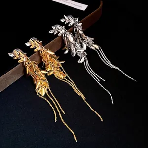 Exquisite vintage style gold and silver zircon wheat ear tassel drop earrings for women