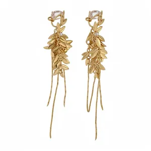 Elegant gold plated wheat stalk drop earrings with zircon and long tassels.