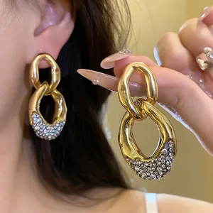 Lussuosi Orecchini a Pendente a Doppio Anello Oro per Donna Minimalisti in Lega Geometrici con Strass e Perno in Argento Gioielli