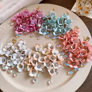 Sweet Resort Style Fabric Flower Tassel Earrings For Women With Silver Earring Post Romantic Rhinestone Heart Crystal Jewelry