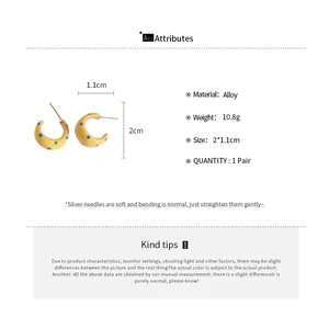 Detailed product specification sheet for yellow polka dot C-shape hoop earrings