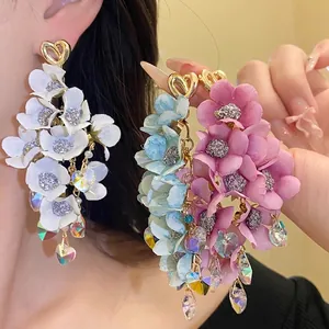 Elegant fabric flower tassel earrings with heart crystals for summer beach vacations