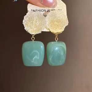 Vintage resin earrings with white frosted flower top and green square pendant charms