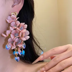Elegant pink fabric flower tassel earrings with heart crystals for vacation style