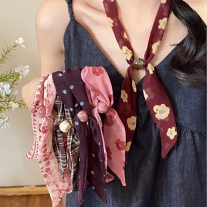 Women Korean Style Printed Long Silk Scarf Necklace Floral Polka Dot Neck Ribbon With Pearl Bead Decoration Fashion Accessory