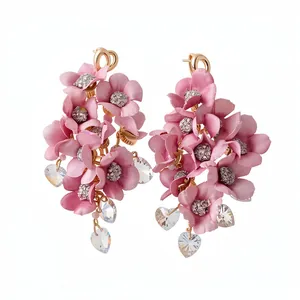 Handmade pink fabric flower tassel earrings with crystal hearts and silver needles.