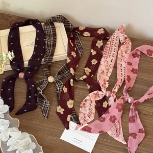 Elegant Korean style printed silk neck scarf necklace with bead accent accessory