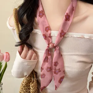 Romantic pink floral print skinny scarf necktie for women with Korean fashion aesthetics