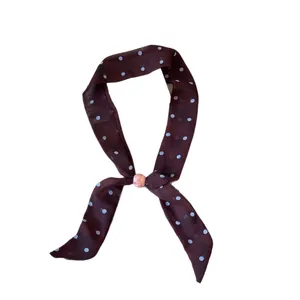 Dark maroon polka dot long ribbon scarf necklace with decorative pink marble bead