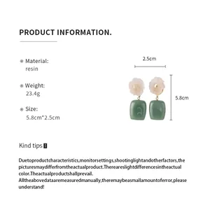 Product specifications for vintage resin flower square drop earrings with dimensions.