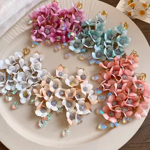 Elegant fabric flower cluster earrings with crystal heart tassels in various colors
