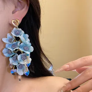 Exquisite blue fabric flower tassel earrings with iridescent heart crystal drops