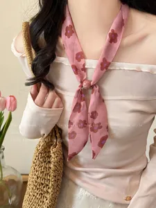 Elegant pink floral silk scarf ribbon neck accessory with decorative buckle for women.