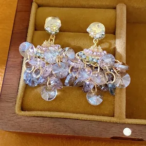 Vintage Court Style Fan Shaped Tassel Drop Earrings Copper Zirconia Glass With Silver Earring Post For Women Jewelry