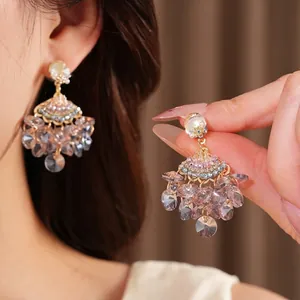Elegant fan-shaped tassel earrings with crystal glass and silver studs for women