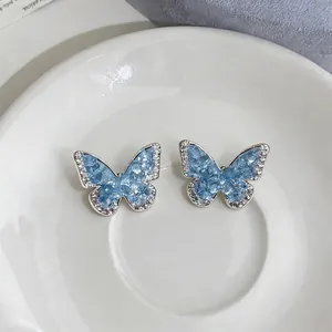 Elegant blue zircon butterfly ear clips for women, stylish summer fashion jewelry