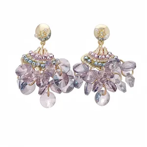 Luxury vintage style fan-shaped tassel earrings with purple faceted glass crystals