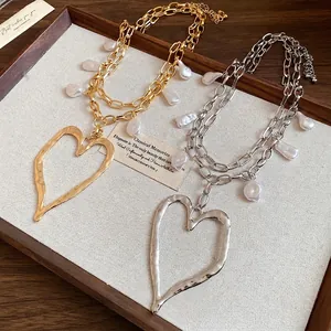 Baroque Artificial Pearl Heart Pendant Necklace For Women Retro Double Layer Alloy Chain Gold Silver Electroplated Jewelry