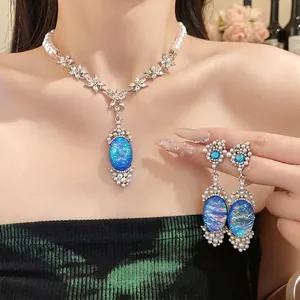 Vintage Baroque Alloy Artificial Pearl Beaded Rhinestone Oval Pendant Necklace And Drop Earrings Set With 925 Silver Post For Women