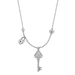 Elegant silver-colored necklace with zircon key and heart pendant on white background