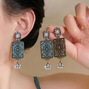 Orecchini a Bottone Quadrati in Lega con Strass Stile Palazzo Vintage Perno in Argento Sterling 925 Orecchini Pendenti con Fiori Geometrici per Gioielli da Donna