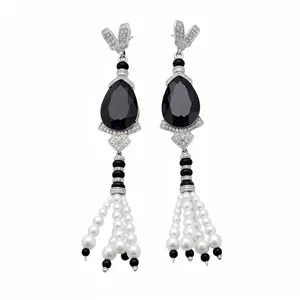 Elegant pearl tassel drop earrings with black pear-shaped stone and rhinestones