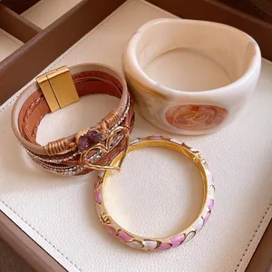Vintage Maillard style multi-layer leather bracelet and resin bangles set in jewelry box